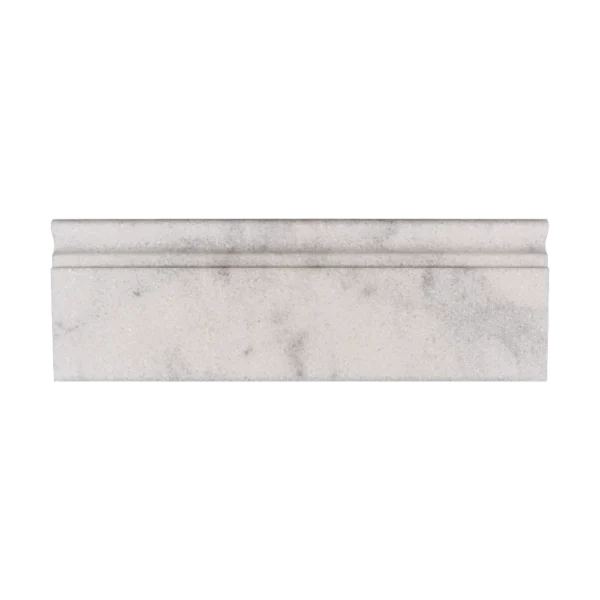 Milas white marble baseboard trim, honed finish, 4x12 inches, front view.