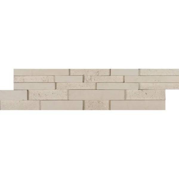 Natural limestone 3D stacked stone panel in beige – Myra Shell 6x24 ledgestone