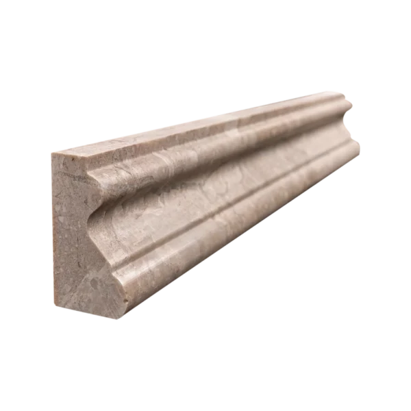 Angled view of Royal Beige crown molding trim in polished marble – luxury wall finishing accent for classic interiors