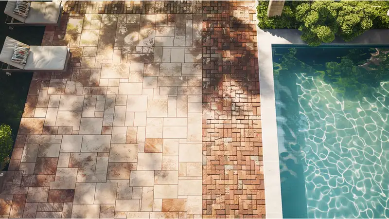 Travertine and brick pavers compared side by side around a pool deck