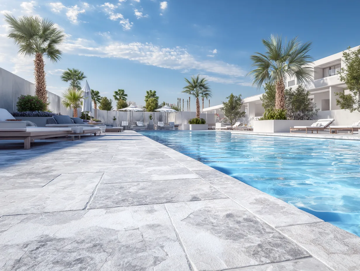 Light-beige travertine pavers around a modern backyard pool