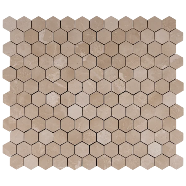 Full sheet of Botticino 2-inch honeycomb honed marble mosaic tiles with beige tones and subtle natural veining.