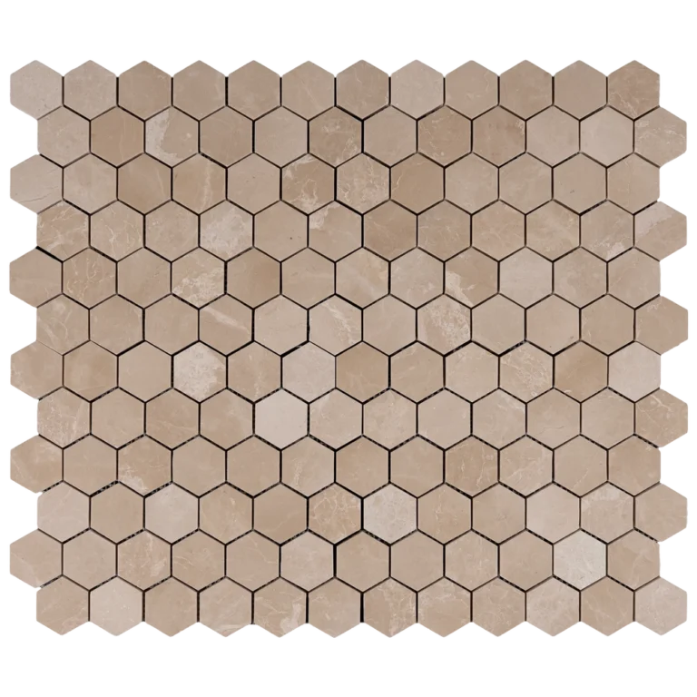 Full sheet of Botticino 2-inch honeycomb honed marble mosaic tiles with beige tones and subtle natural veining.