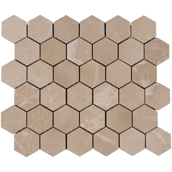 Mid-view of Botticino 2-inch honeycomb honed marble mosaic tiles in a hexagonal layout with warm beige coloration.