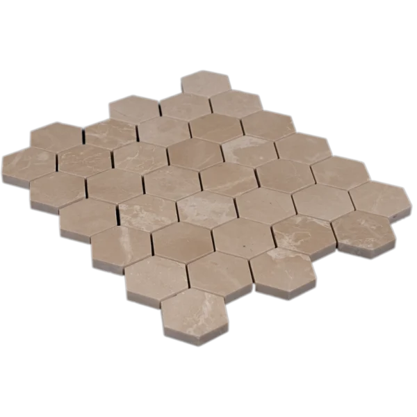 Angled perspective of Botticino 2-inch honeycomb honed marble mosaic tiles, highlighting thickness and surface polish.