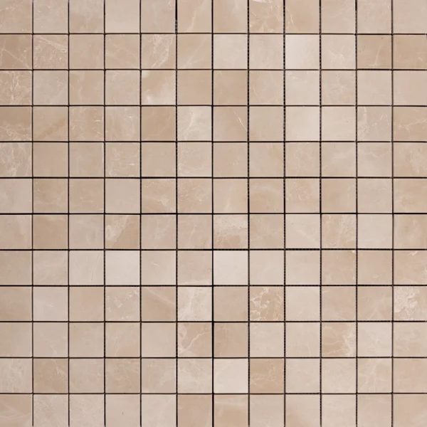 A full sheet of Botticino 2x2 polished marble mosaic tiles in a grid layout, featuring warm beige tones with natural marble veining.