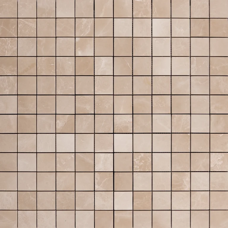 A full sheet of Botticino 2x2 polished marble mosaic tiles in a grid layout, featuring warm beige tones with natural marble veining.