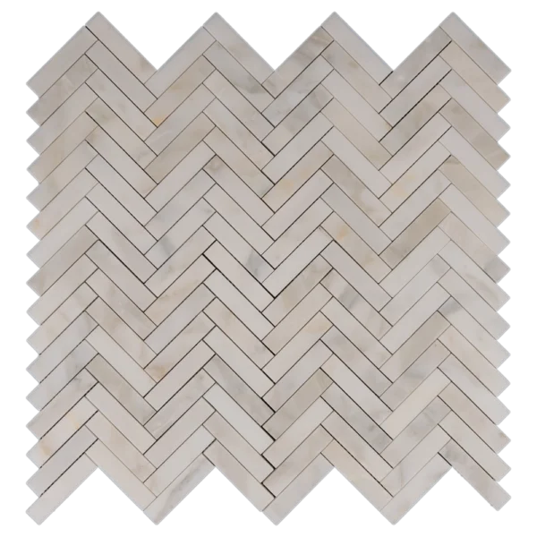 Calacatta 1x4 herringbone honed marble mosaic tile sheet featuring warm white tones with soft gray veining.