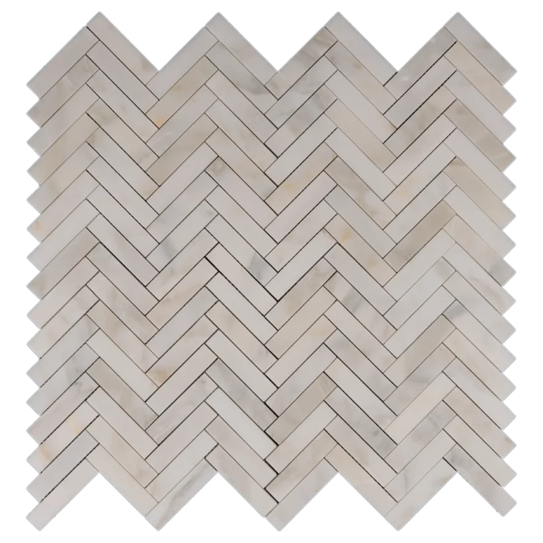 Calacatta 1x4 herringbone honed marble mosaic tile sheet featuring warm white tones with soft gray veining.