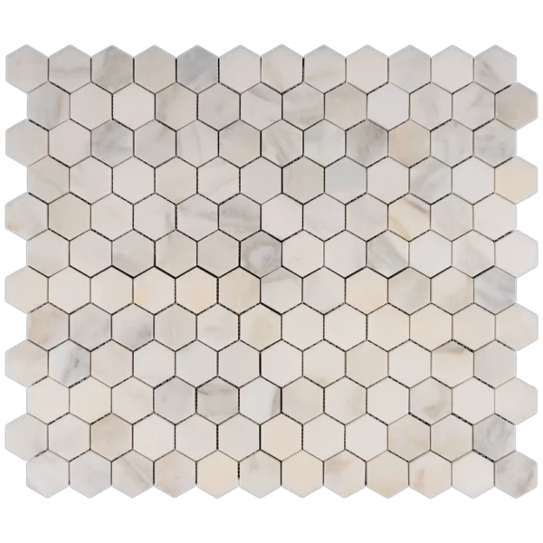 Combination of 4 sheets of Calacatta 2 inch honeycomb honed marble mosaic tile with subtle white and gray veining.