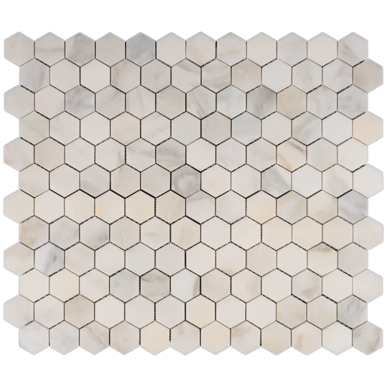 Combination of 4 sheets of Calacatta 2 inch honeycomb honed marble mosaic tile with subtle white and gray veining.