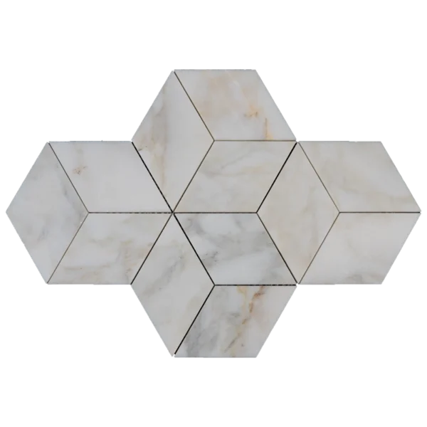 Single sheet of Calacatta diamond honed marble mosaic tile with geometric diamond pattern.