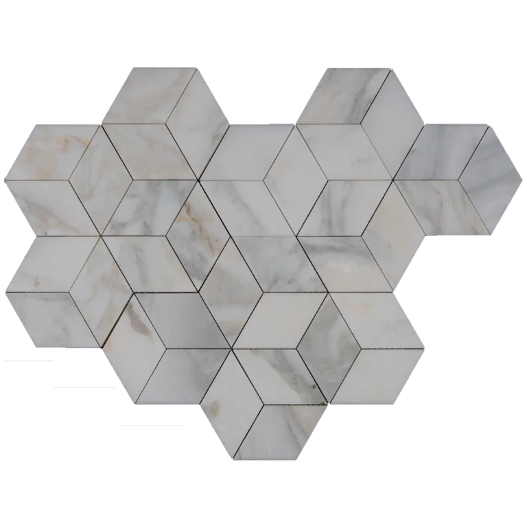 Combined sheets view of Calacatta diamond honed marble mosaic tile featuring a 3D diamond effect in natural white marble with subtle gray veining.