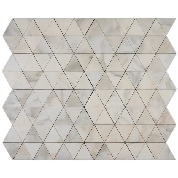 Triangle marble mosaic tile sheet in white with subtle grey veining, arranged in a repeating geometric pattern.
