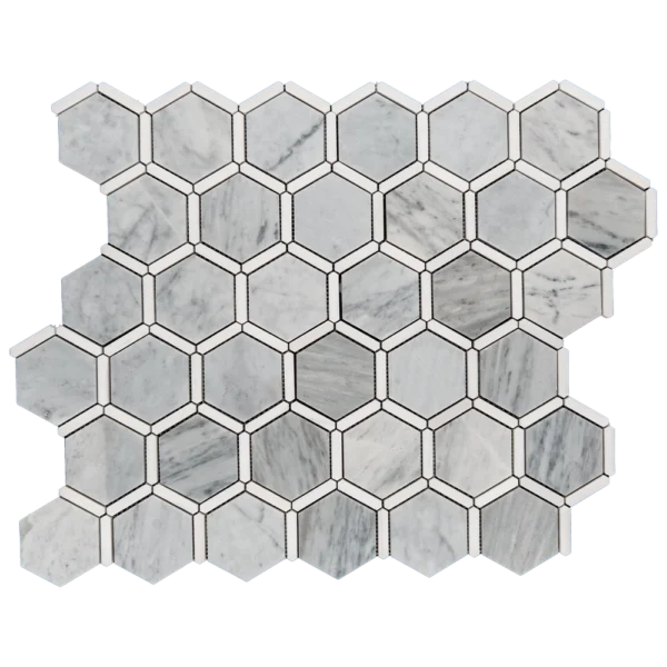 A sheet of Carrara marble hexagon mosaic tiles with Dolomite marble trim, polished finish.