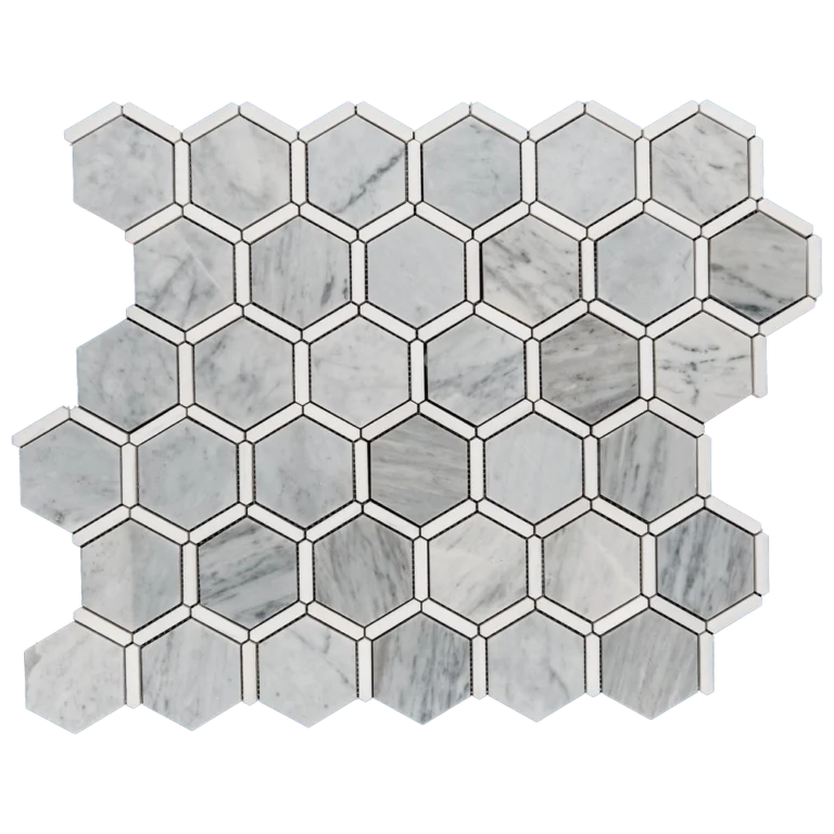 A sheet of Carrara marble hexagon mosaic tiles with Dolomite marble trim, polished finish.