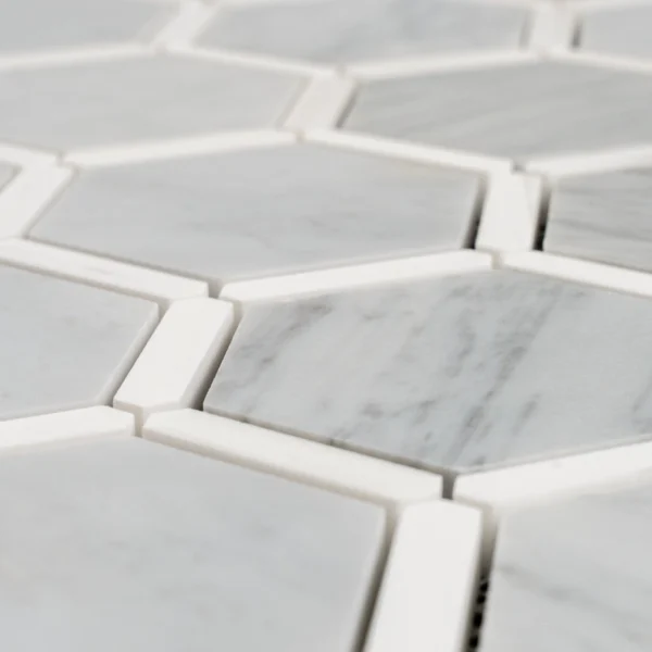 Close-up of Carrara marble hexagon mosaic tiles with Dolomite trim, showing smooth polished surface.