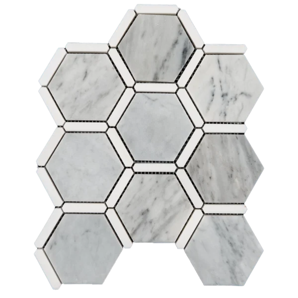 Smaller sheet of Carrara marble hexagon mosaic tiles with Dolomite trim, polished finish.