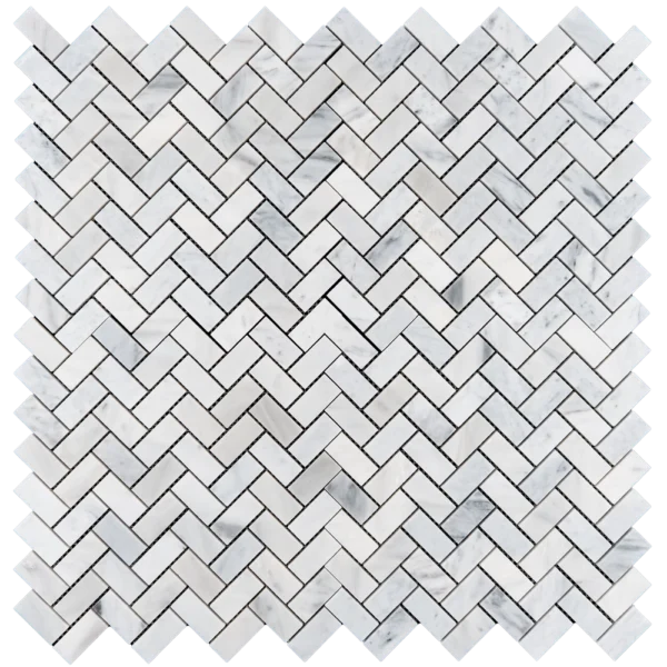 Carrara marble 1"x2" polished herringbone mosaic sheet, white with soft gray veining, mesh-mounted—overhead view.