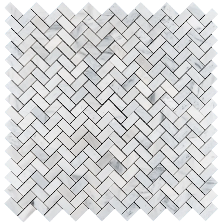 Carrara marble 1"x2" polished herringbone mosaic sheet, white with soft gray veining, mesh-mounted—overhead view.