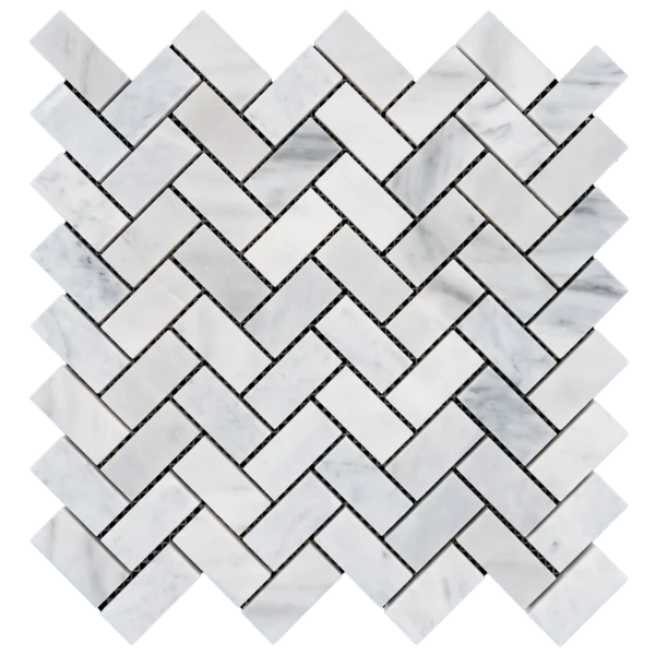 Close view of Carrara 1"x2" polished herringbone mosaic showing crisp pattern and gray veining.