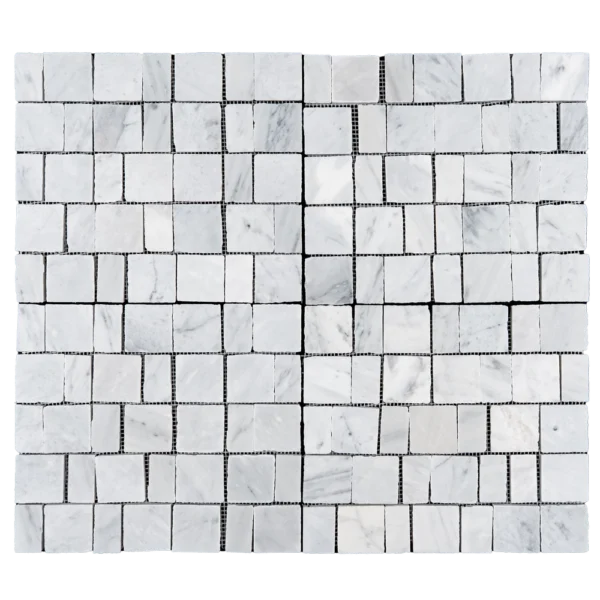 Carrara White Pixel honed marble mosaic tile — full sheet, square chips on mesh, front view.