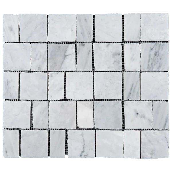 Carrara White Pixel honed mosaic — single sheet front view with even grout spacing.