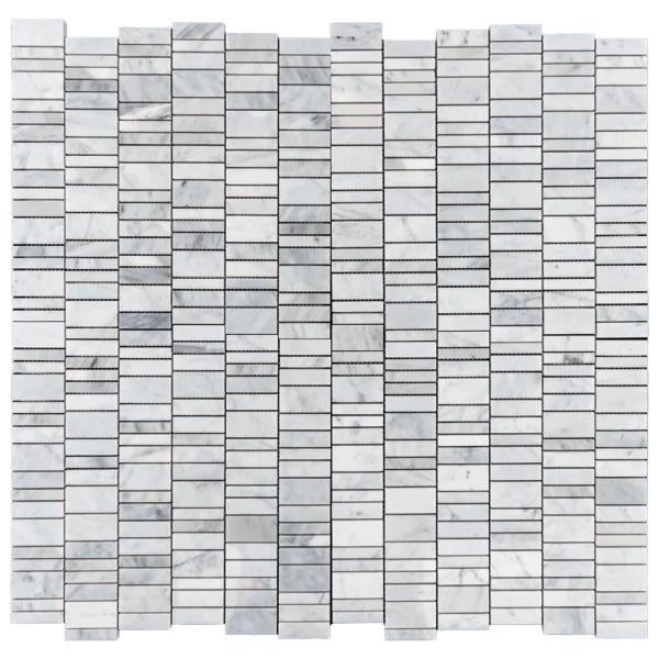 Overhead view of a mesh-backed Carrara marble strip linear polished mosaic sheet, white with soft gray veining.
