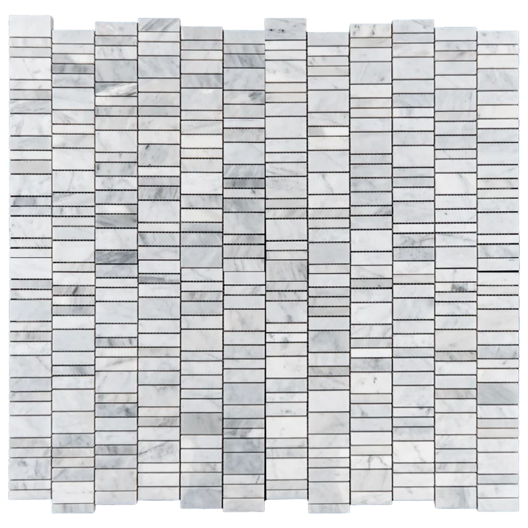 Overhead view of a mesh-backed Carrara marble strip linear polished mosaic sheet, white with soft gray veining.