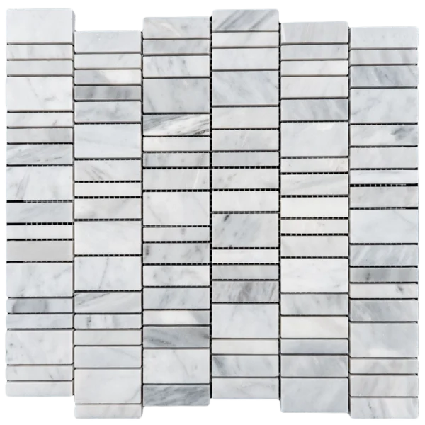 Single sheet of Carrara white strip linear polished mosaic, stacked narrow rectangles with light gray marble variation.