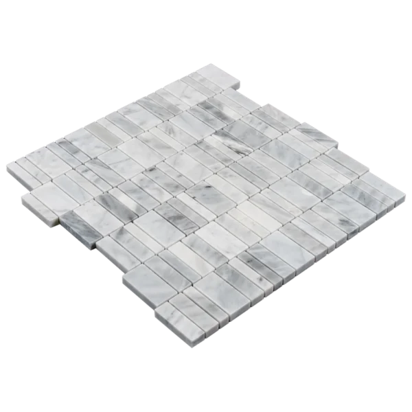 Three-quarter perspective of the mosaic sheet highlighting tile thickness, interlocking edges, and polished finish.