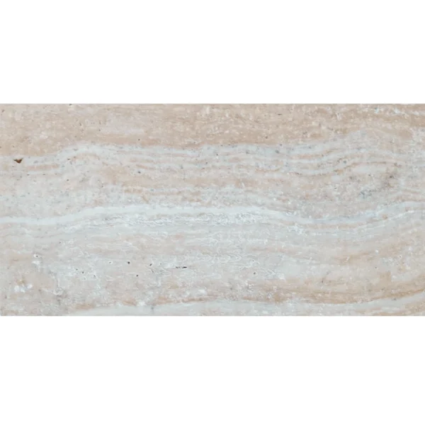 Desert Bloom 12x24 tumbled travertine paver with warm beige and cream tones, showing full tile pattern and natural linear veining.