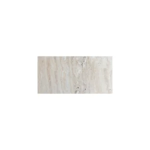 Desert Bloom 6x12 tumbled travertine paver featuring soft beige and cream tones with natural texture and subtle veining, ideal for outdoor flooring and pool decks.
