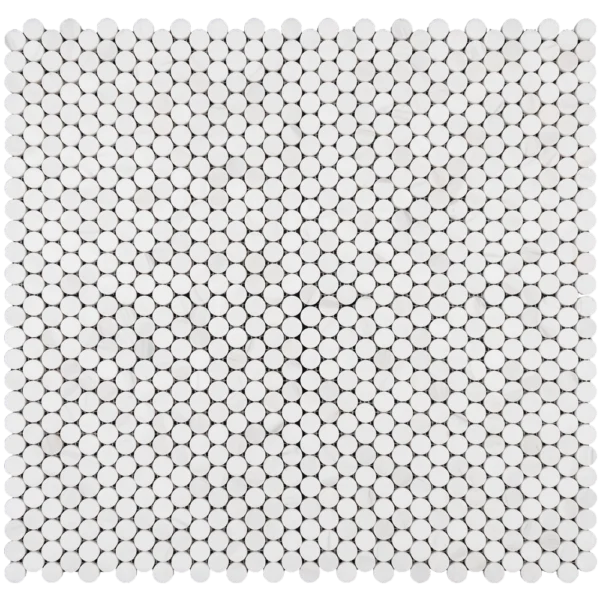 Dolomite penny round honed marble mosaic tile sheet with white marble circles on mesh backing.