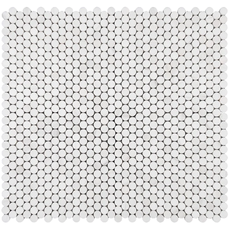 Dolomite penny round honed marble mosaic tile sheet with white marble circles on mesh backing.