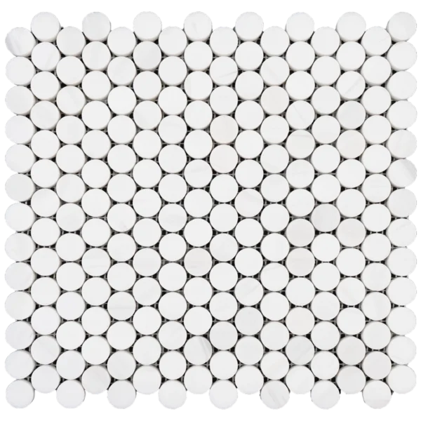 Dolomite penny honed marble mosaic tile featuring polished round white marble chips with subtle natural veining.