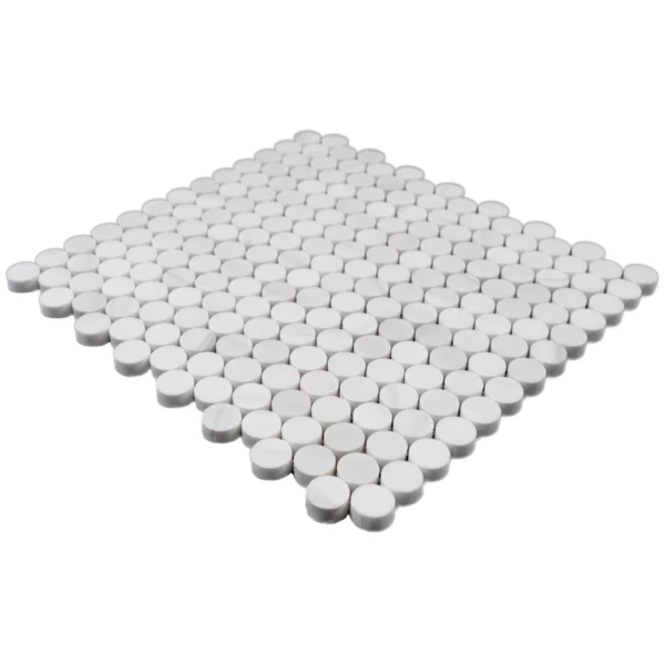 Perspective view of Dolomite penny honed marble mosaic tile sheet with white marble penny rounds on mesh mount.