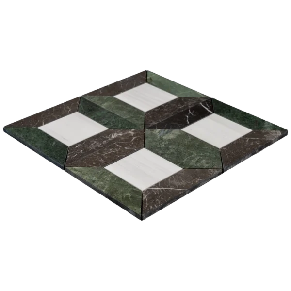 Angled perspective of Dolomite, Ruby Green, and Pearl Black star square honed marble mosaic tile sheet highlighting thickness and texture.