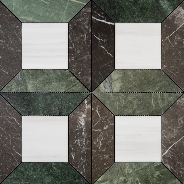 Full sheet of Dolomite, Ruby Green, and Pearl Black star square honed marble mosaic with geometric square and diamond pattern.