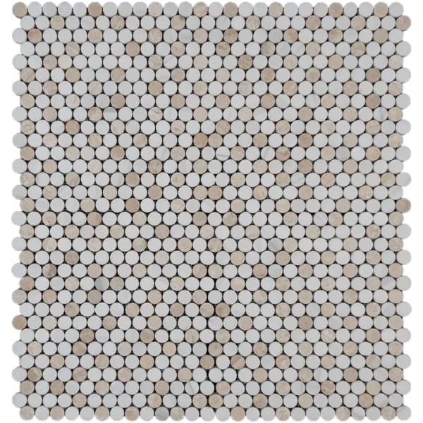 Dolomite with Royal Beige penny honed marble mosaic tile sheet featuring a mix of white and beige round pieces on mesh backing.