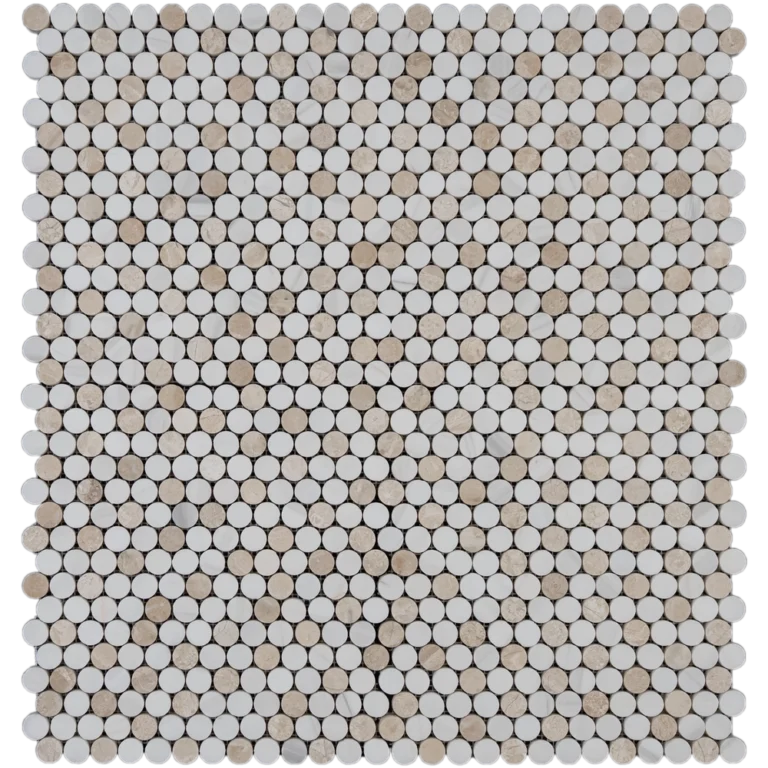 Dolomite with Royal Beige penny honed marble mosaic tile sheet featuring a mix of white and beige round pieces on mesh backing.