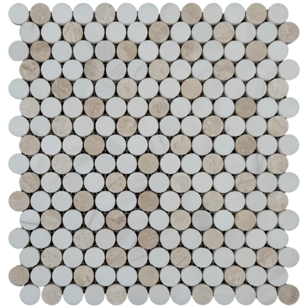 Dolomite with Royal Beige penny honed marble mosaic tile sample with round white and beige marble pieces in a smooth honed finish.