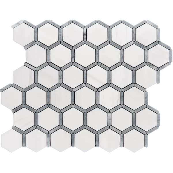Dolomite with Bardiglio Touch Polished Marble Mosaic Tile sheet with polished hexagon pattern