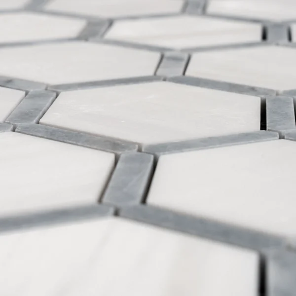 Close-up of Dolomite with Bardiglio Touch Polished Marble Mosaic Tile showing white marble and gray Bardiglio accents