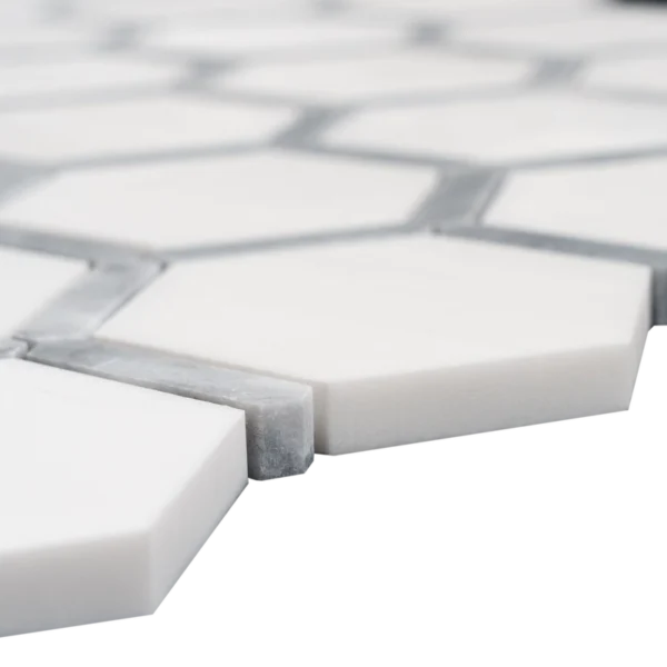Dolomite with Bardiglio Touch Polished Marble Mosaic Tile displayed in polished finish with mesh backing