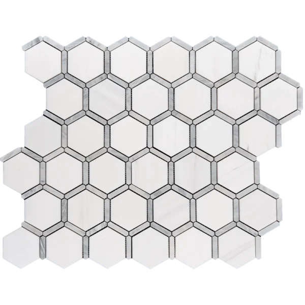 A full sheet of Dolomite with Carrara touch polished marble mosaic tile featuring hexagonal white tiles bordered by thin Carrara marble strips.