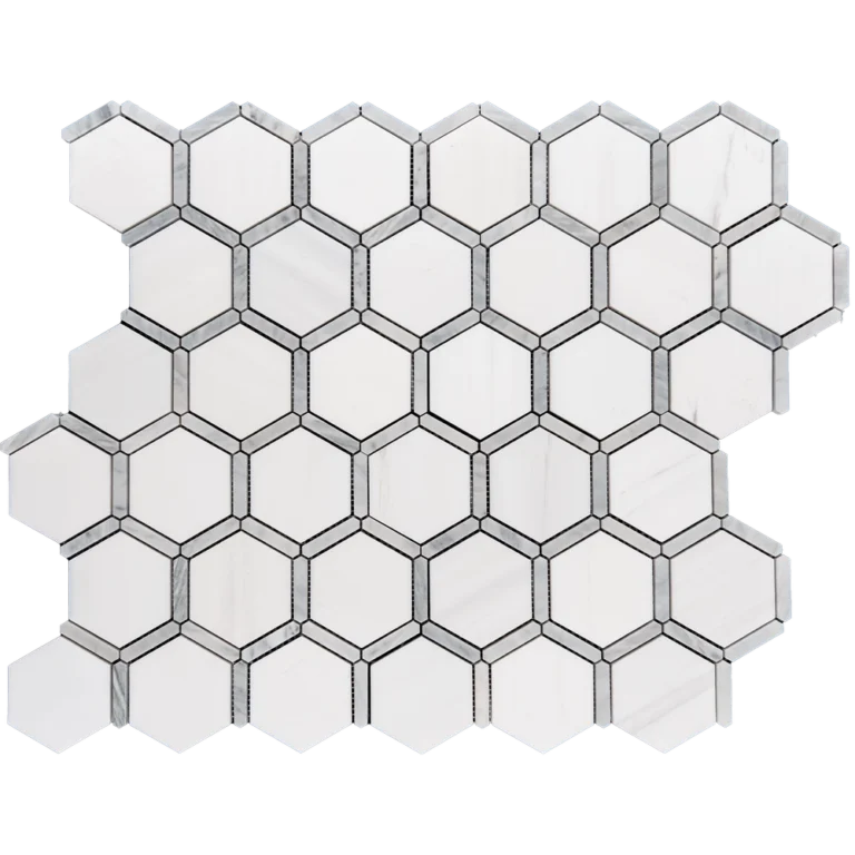 A full sheet of Dolomite with Carrara touch polished marble mosaic tile featuring hexagonal white tiles bordered by thin Carrara marble strips.