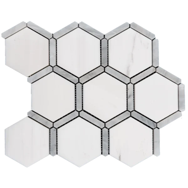 Isolated sheet of hexagonal Dolomite marble tiles with Carrara trim, displayed against a plain background.