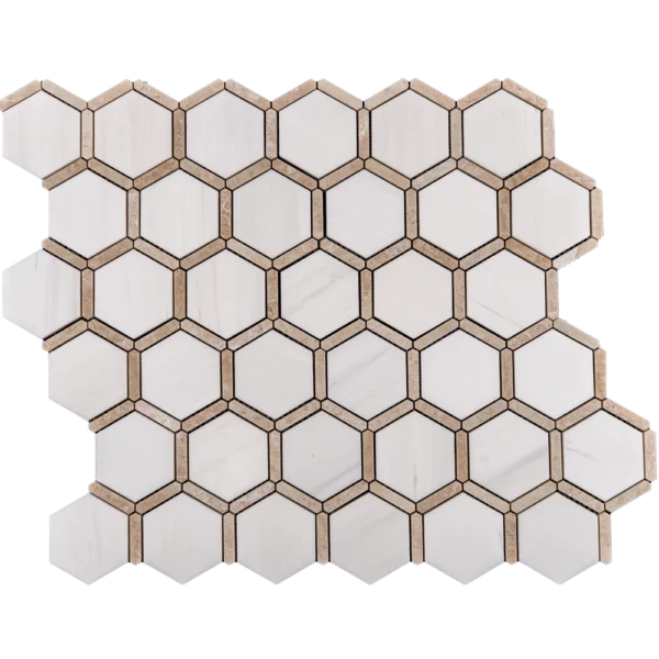 Full sheet of Dolomite with Royal Beige Touch polished marble mosaic tile in hexagon pattern, combining crisp white and beige accents.