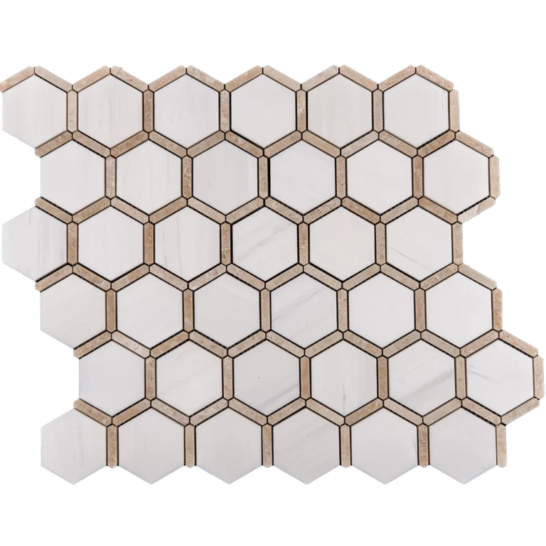 Full sheet of Dolomite with Royal Beige Touch polished marble mosaic tile in hexagon pattern, combining crisp white and beige accents.